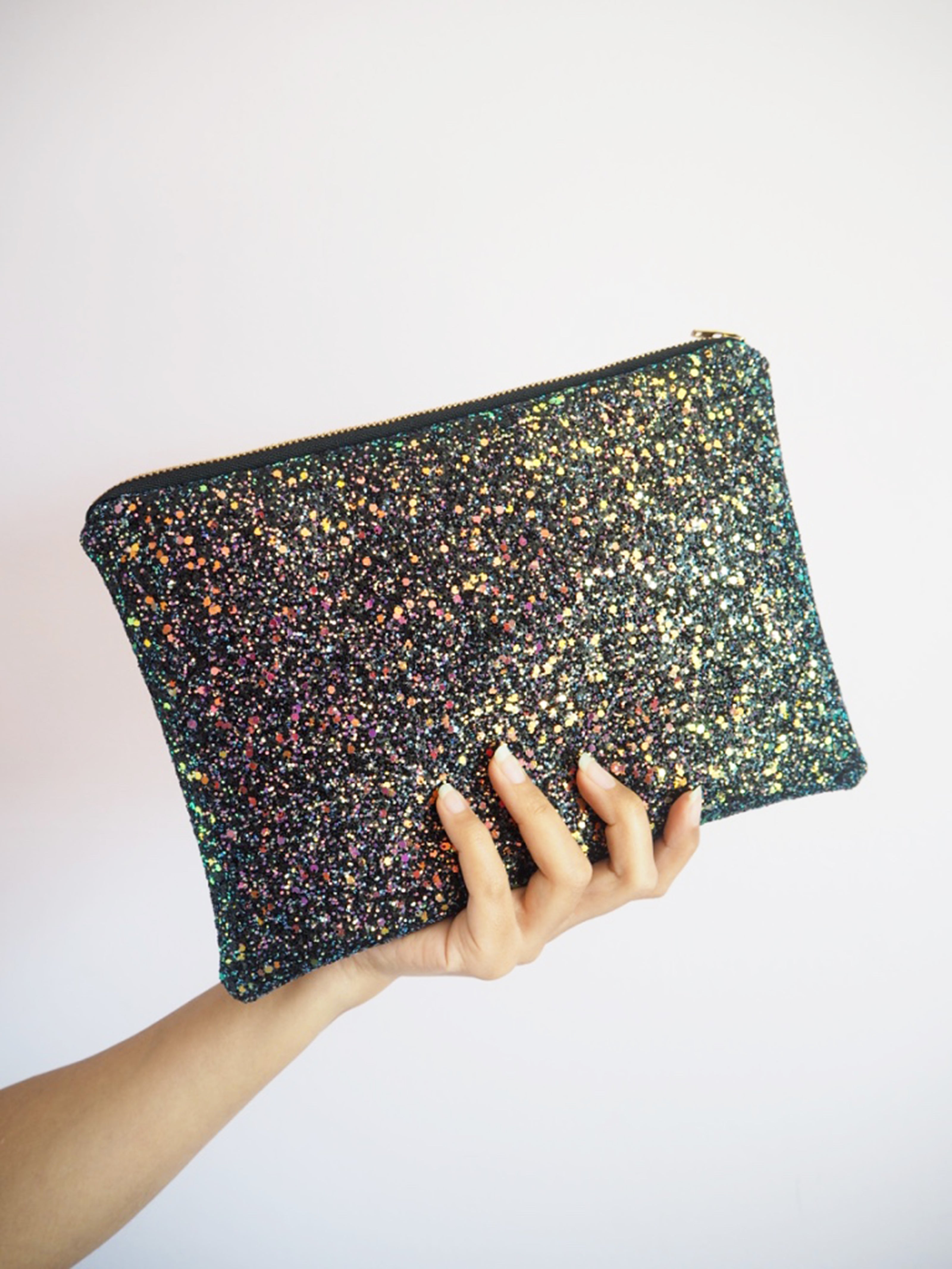 Black Iridescent Glitter Clutch Bag