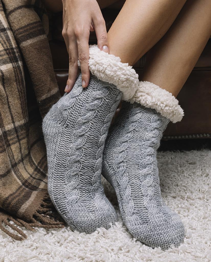 Knitted Long Slipper Socks- Grey