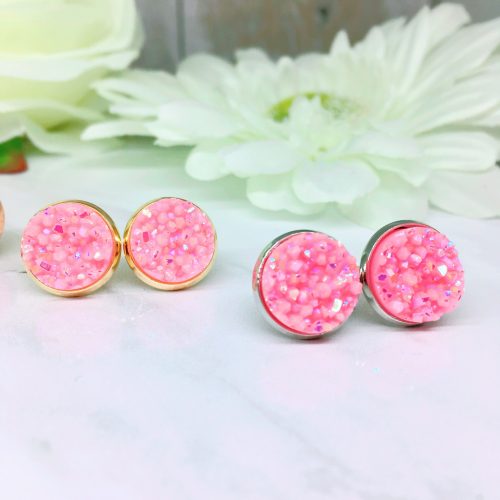 Bubblegum Pink Druzy Stud Earrings