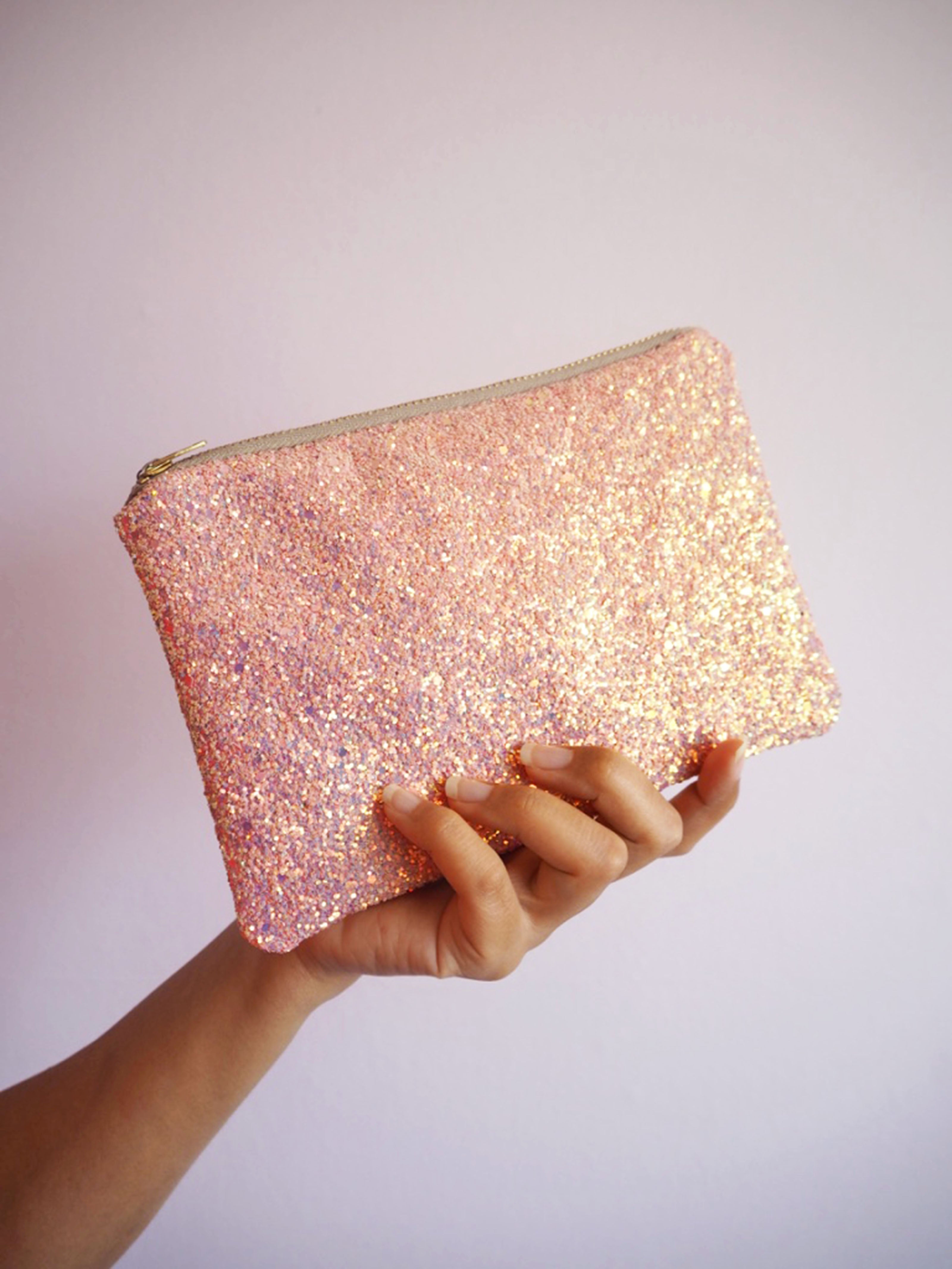 Pastel Pink Glitter Makeup Bag